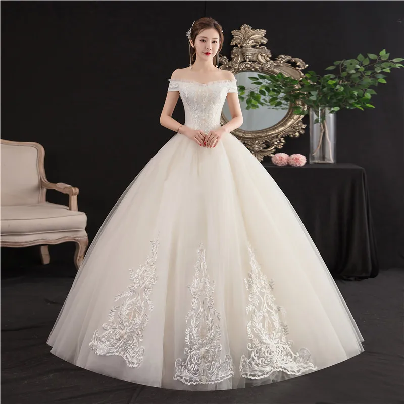 

2022 New Vintage Simple Wedding Dress Sexy Boat Neck Off The Shoulder Flower Plus Size Lace Up Bridal Gown Vestido De Noiva