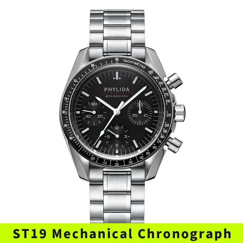 

Часы наручные ST19 Мужские механические, Классические однотонные с хронографом и секундомером, с черным циферблатом, из нержавеющей стали, 40 ...
