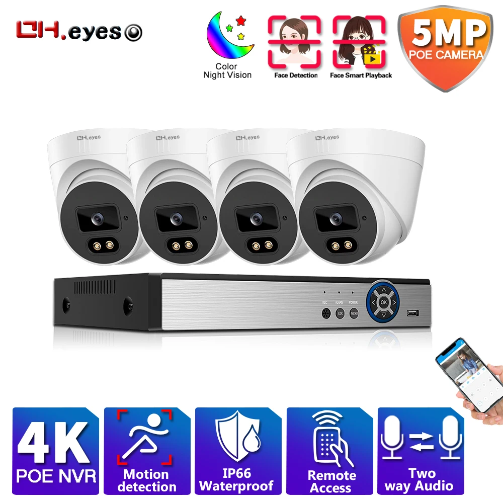 

H.265 4K POE 4CH CCTV system outdoor Camera Waterproof Dome Color Night vision surveillance Two-way Audio security kit
