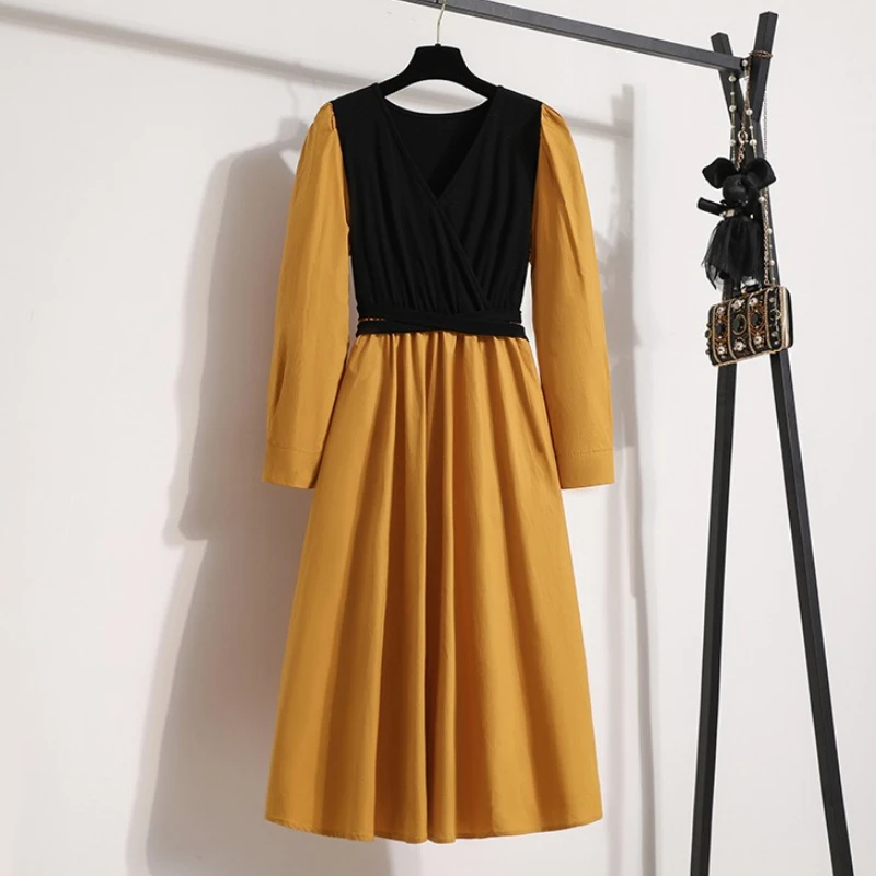 

French Vintage Yellow Dress Women Autumn 2021 V-Neck Knitted Cotton Patchwork Puff Long Sleeve Bandage High Waist Long Dresses