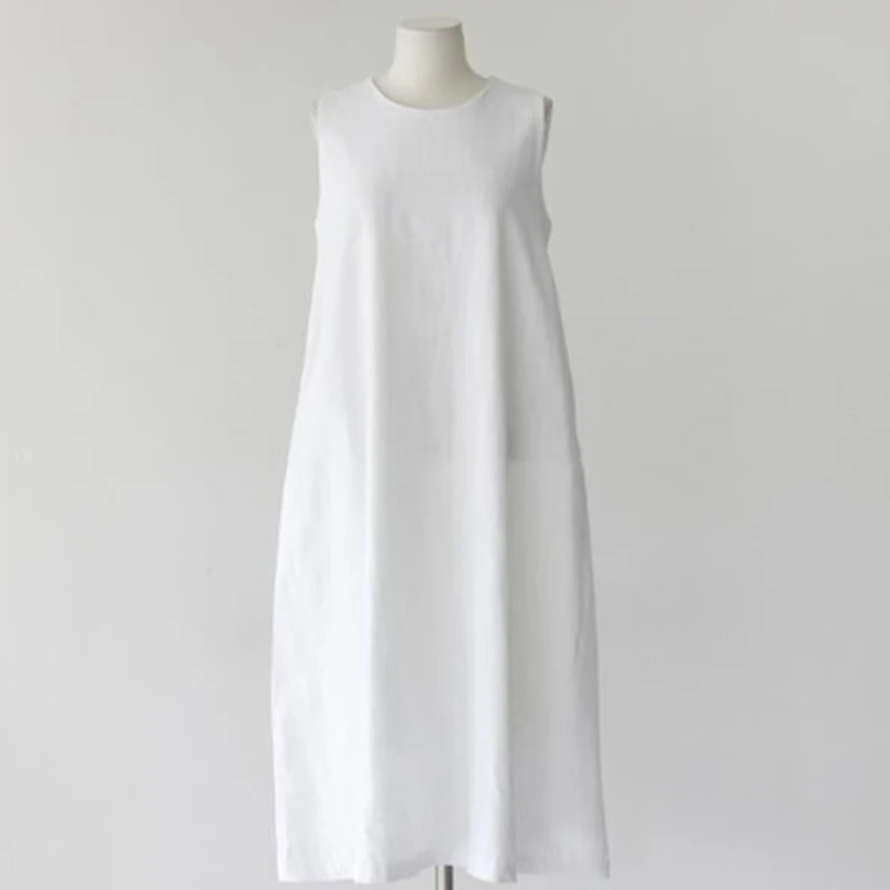 

Summer new white Sleeveless Cotton and Linen dress women Casual Loose O-Neck Long section dress fashion Slim dress women