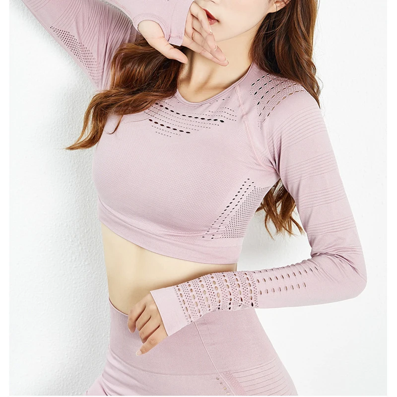 

Ladies Solid Color Hollow Sportswear High Waist Fitness Leggings Running Long Sleeve T-Shirt Slim Yoga Sports Shirt Set