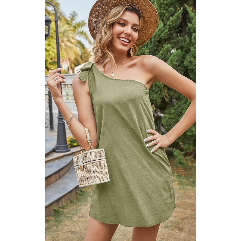 

2021 Summer Sexy Oblique Shoulder Strap Solid Color Beach Skirt Women's Oblique Shoulder Strap Sexy Dress Casual Beach Skirt