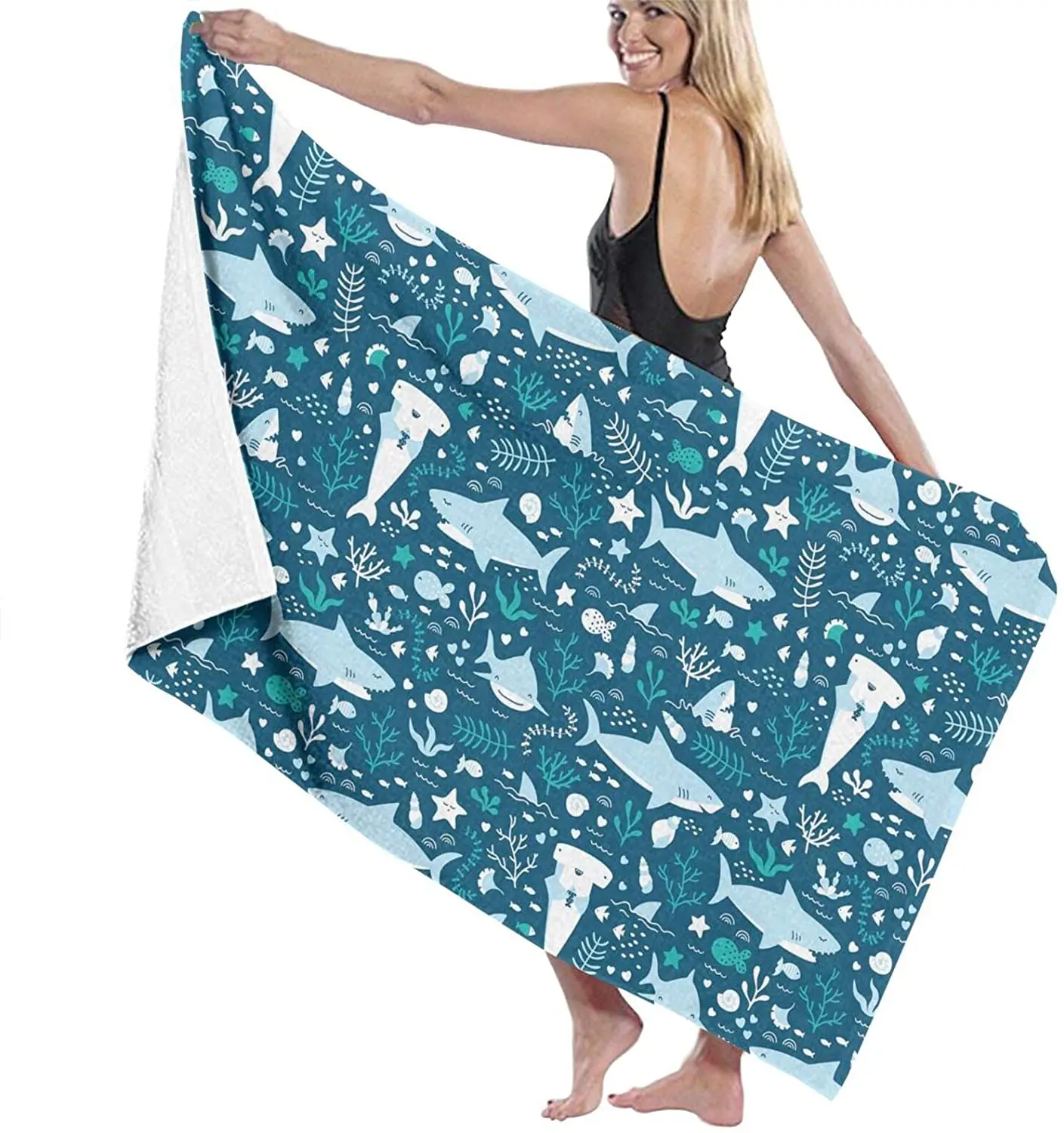

Cartoon Blue Shark And Microfiber Beach Towel Men And Women Super Absorbent And Quick-Drying Super Large Bath Towel 52X 32