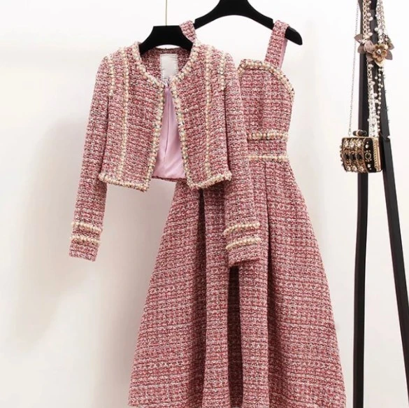 

TVVOVVIN winter 2020 new fashion women wool plaided flare sleeves round neck short jacket and A-line skirt two pieces set 9D1O