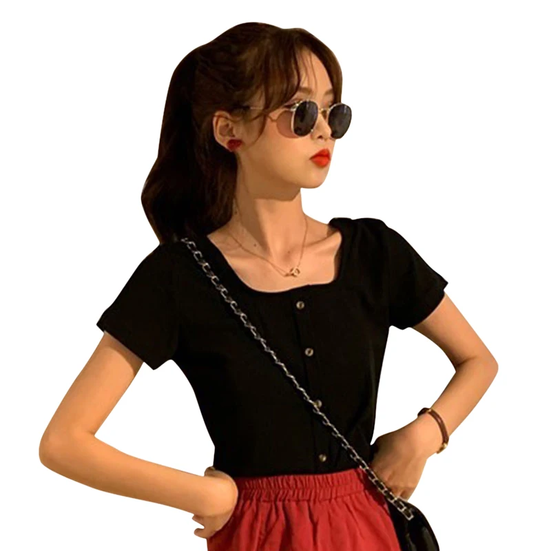 Женская футболка с квадратным вырезом однотонная короткая в корейском