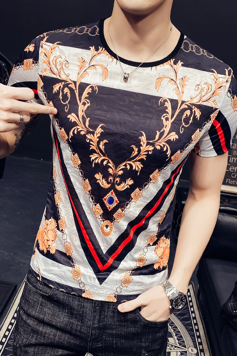 

Luxury T-shirt Brand Men Vintage Print Short Sleeve Tops Summer Ice Silk Breathable T Shirts Casual Slim Fit Streetwear Clothes