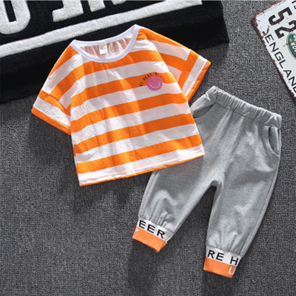 

Summer Suits Girl Sets Kids Clothes Girls Boy Baby Sets Sports Suit For Children Stripe Smile Face Pattern Cotton Suit