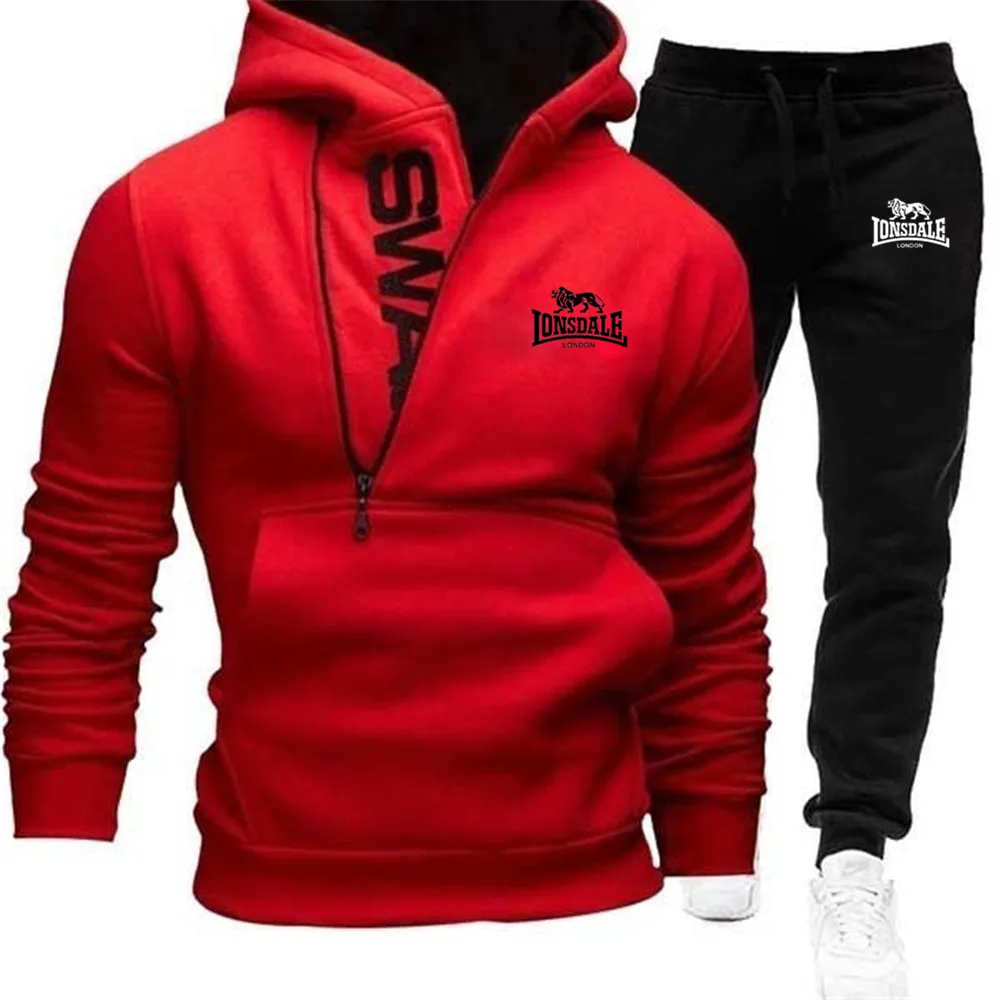 

LONSDALE Men's Zipper Suit Hoodie Men's Cardigan Autumn/Winter Hoodie Plus Velvet Sportswear + Sports Casual Pants 2-Piece Set