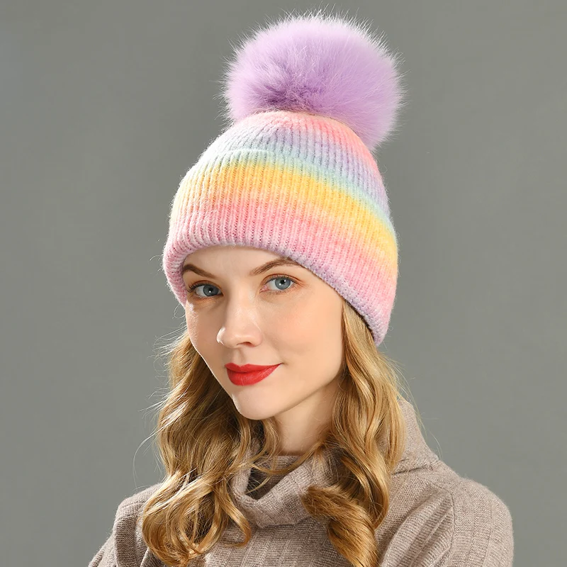 

Women Winter Hat Multicolor Wool Knitted Beanies Tie Dye Hat Best Matched Warm Soft Bonnet Skullies
