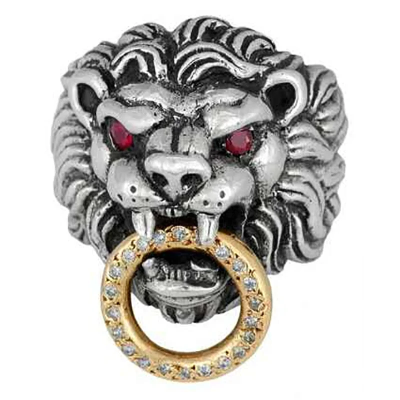 

Mifeiya Hot Sale Men's Silver Plated Color Lion Head with Large Golden Circle Red Crystal Rhinestone Ring for Party Jewelry
