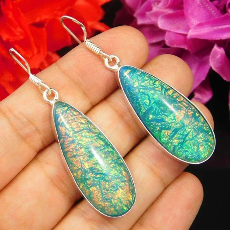Женские серьги-подвески Boho Brincos Серебристые серьги-капли с зеленым прозрачным