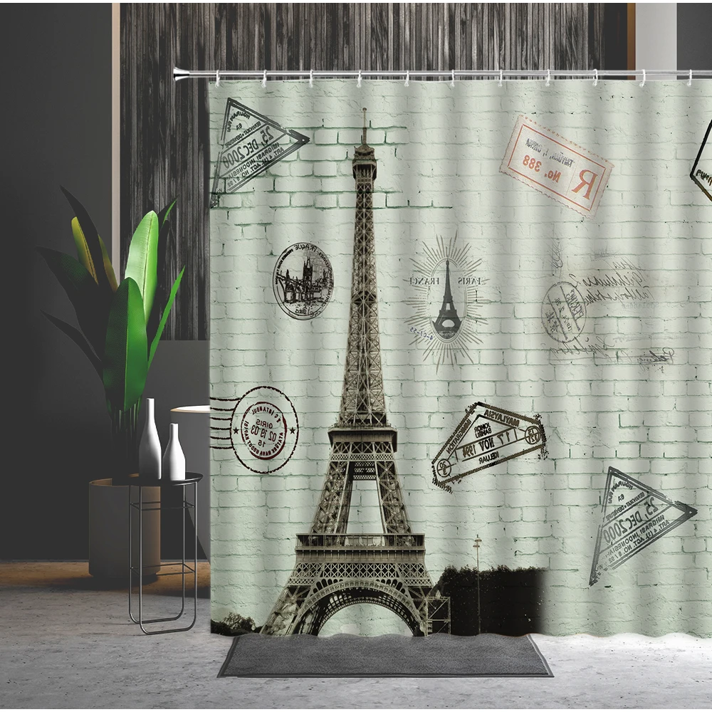 

Retro Shower Curtain Paris Tower Flower Bird French Classic Architectural Art Polyester Bathroom Decor Washable Curtains Cheap
