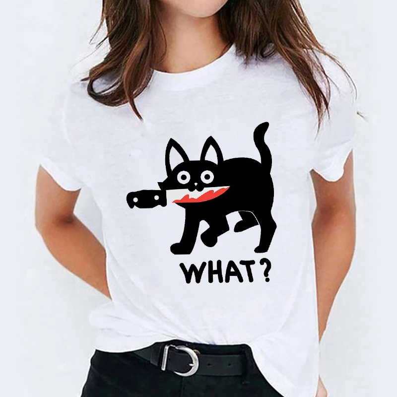

Funny Street student short sleeve Cat Kawaii Cartoon Striped Halloween Print Lady Top Graphic Women's T-shirt Ladies Female Tee