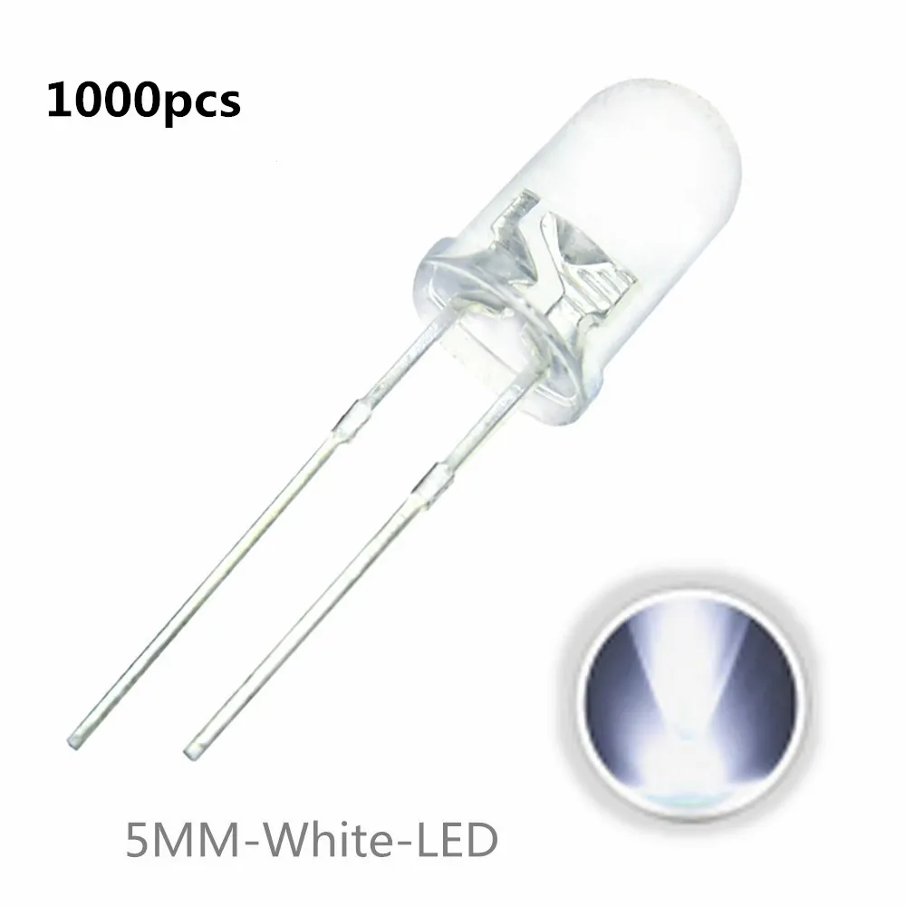 1000pcs Round 5mm LED Diode 5 mm Assorted Kit White Green Red Blue Yellow DIY Light Emitting F5 | Электронные компоненты и