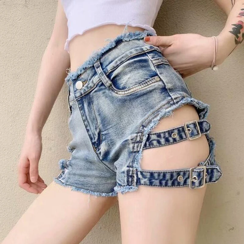 New 2020 Summer Punk Sexy Women Denim Shorts Female Hollow Out Spring Skinny Rock Gothic Mid Waist Jeans | Женская одежда
