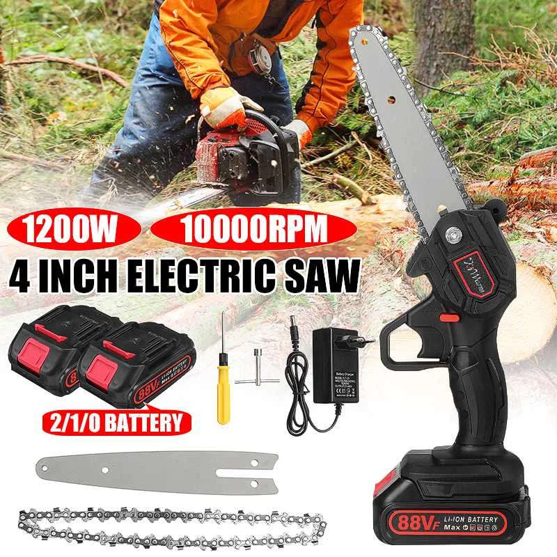 

1200W 6 Inch 88V Mini Electric Chain Saw With 2Pcs Battery Woodworking Pruning ChainSaw One-handed Garden Logging Power Tool