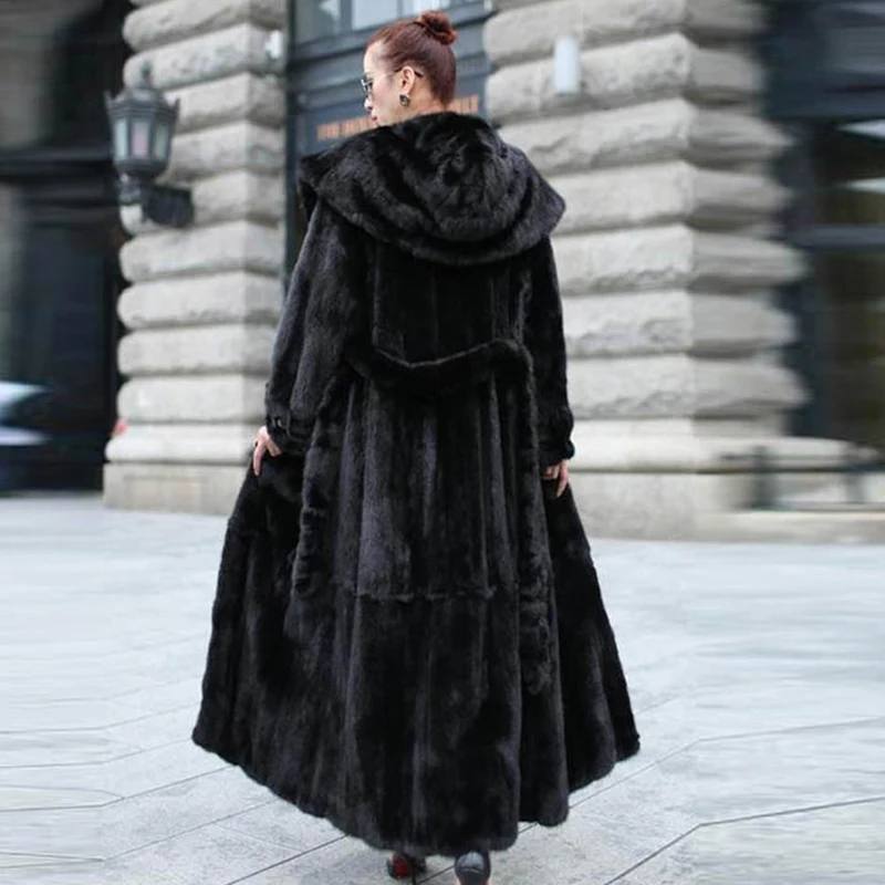 BFFUR 120cm Long Black Mink Fur Coats With Hood Fashion Winter 2022 New Women Genuine Mink Fur Coat Full Pelt Fur Overcoats