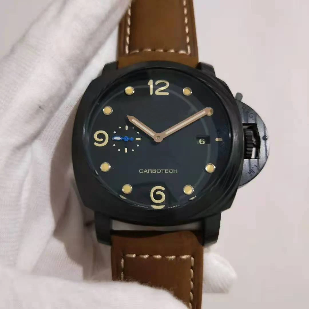 

Luxury Brand New Men Automatic Mechanical Black 3 Days 1950 Aged Cow Leather Stainless Steel Watch P9010 Luminous 44MM CARBOTECH