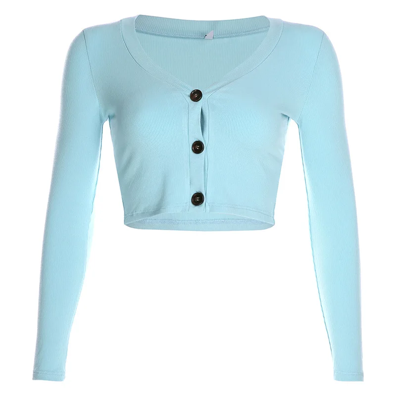 Женский ТРИКОТАЖНЫЙ УКОРОЧЕННЫЙ ТОП She style синий топ на пуговицах с v-образным