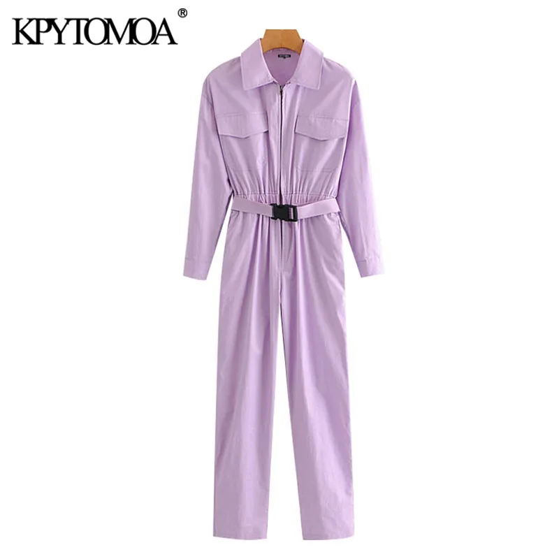 

KPYTOMOA Women Fashion With Belt Side Pockets Jumpsuits Vintage Long Sleeve Elastic Waist Female Playsuits Mujer