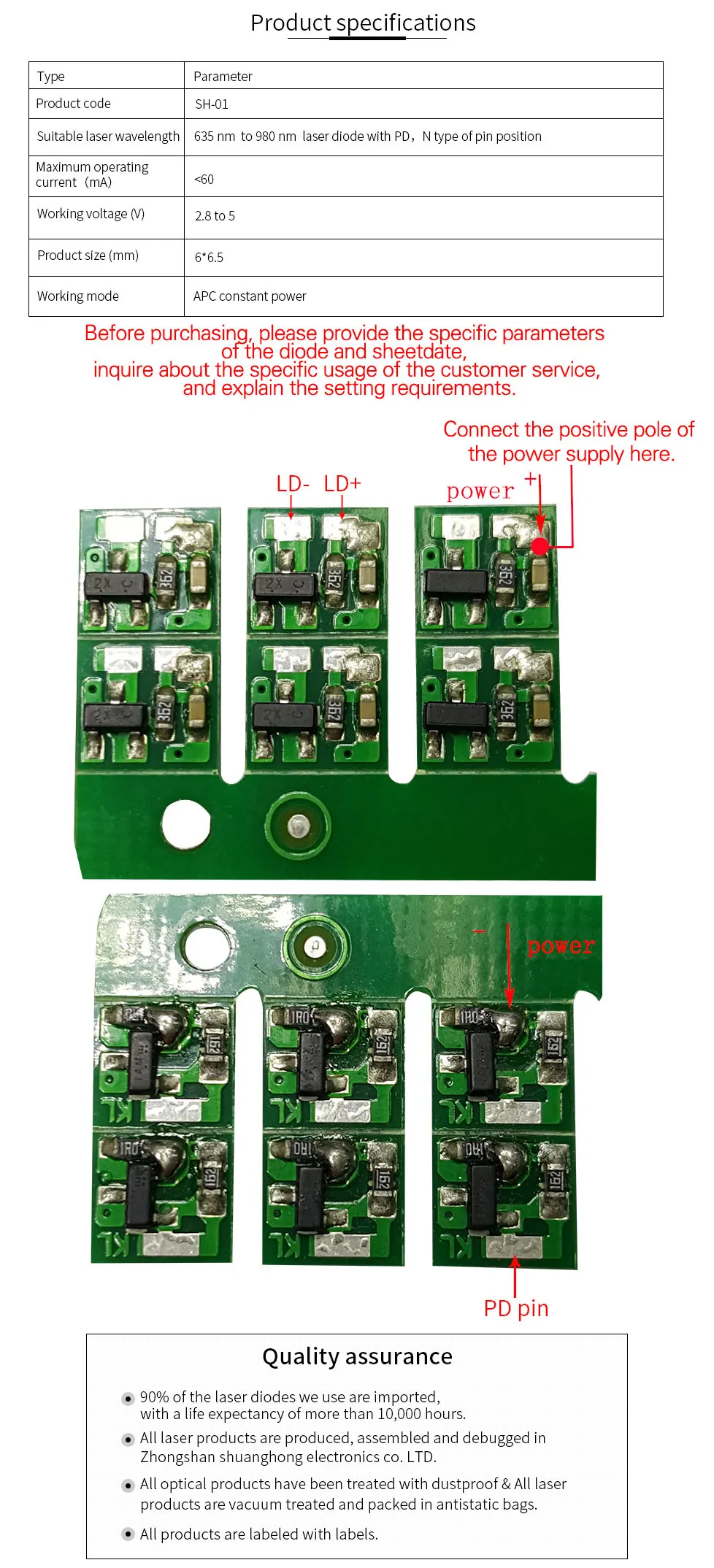 Длительный срок службы стабильная схема привода лазерного диода PCB APC Постоянная мощность максимально допустимый ток через 65mA DC 3-5v