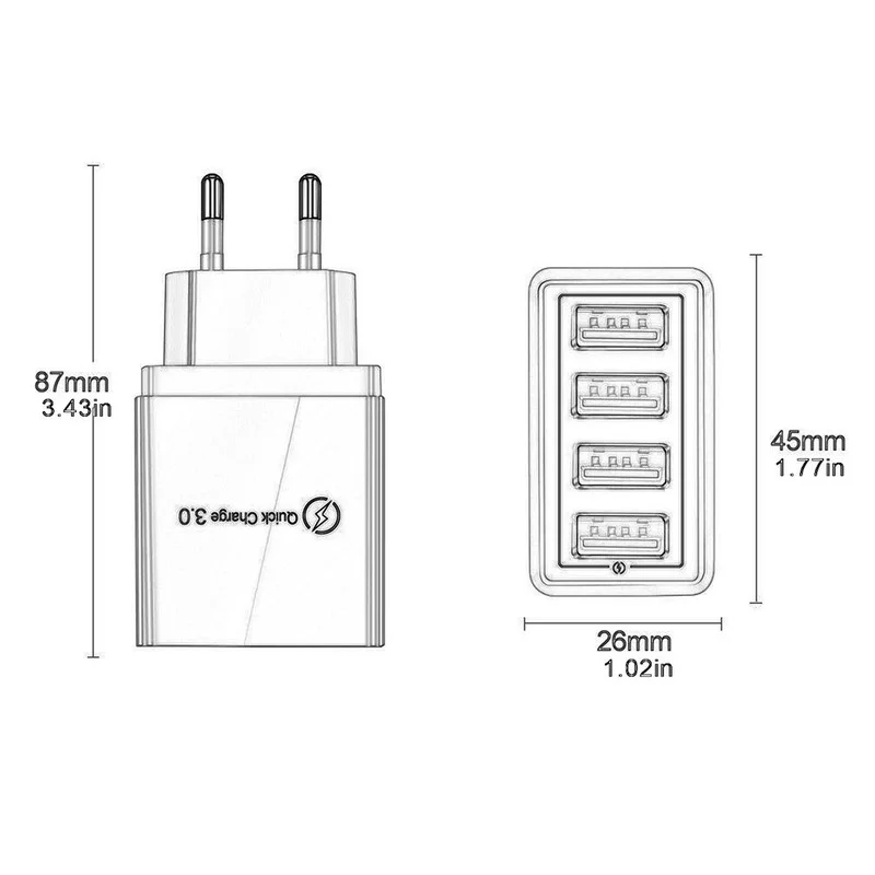 

4 USB 3A Mobile Phone Charger Fast Charging Portable Wall Mobile Charger Flame Retardant Drop Resistance Tablet