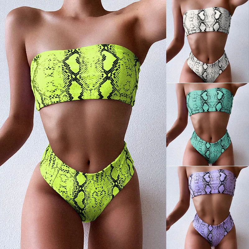 

2020 New Style Europe and America Bikini Foreign Trade Tube Top High-waisted Bikini Snakeskin Sexy Split Bathing Suit Swimwear