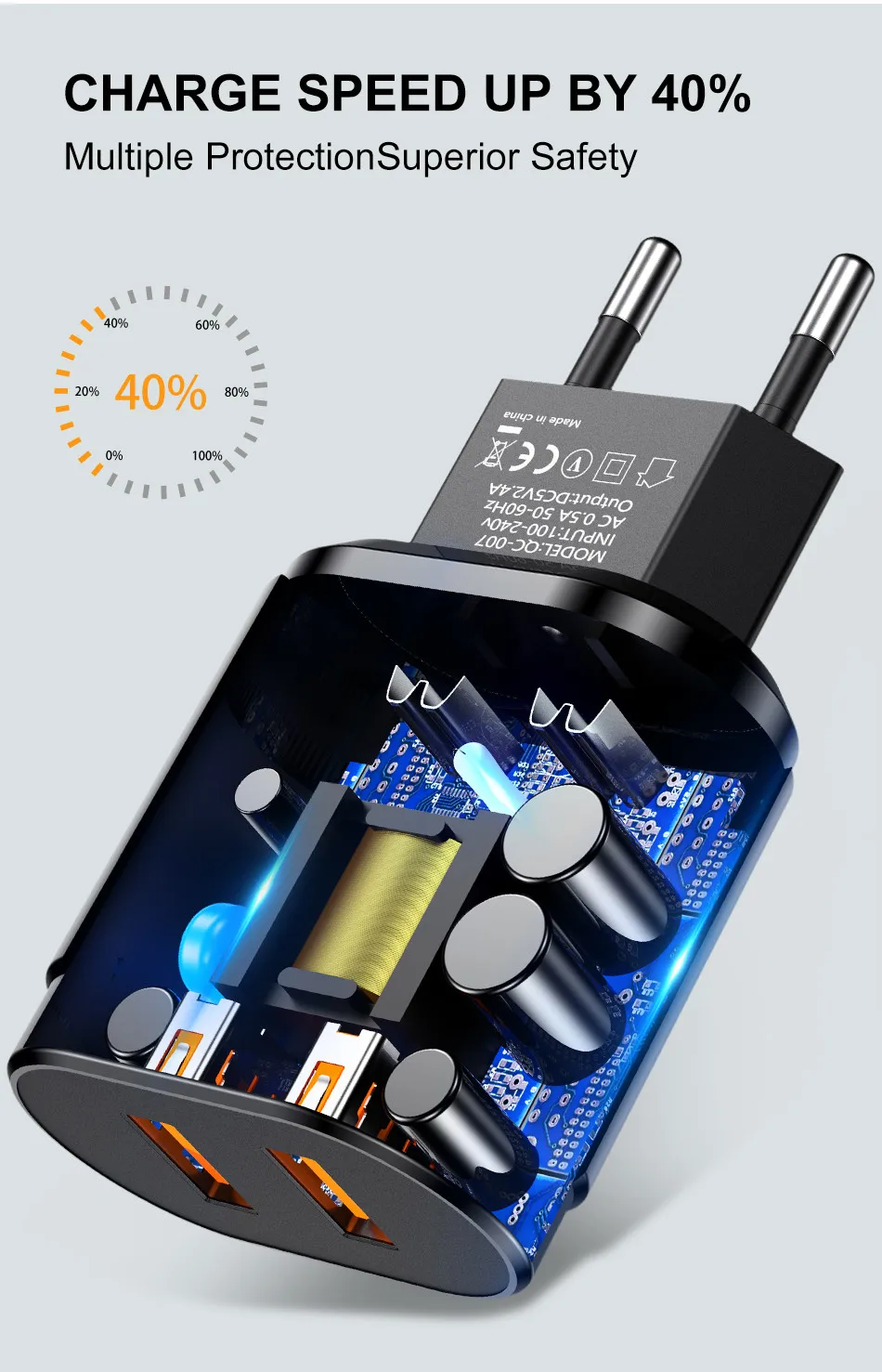 USLION Dual USB зарядное устройство 5 В 2.4A Быстрая зарядка стены мобильного телефона зарядное устройство для iPhone samsung Xiaomi Портативный ЕС США штекер Адаптер