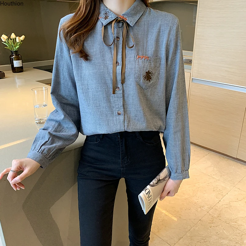 

Chiffon Loose Women's Shirts New Fashion Blouses Casual Long Sleeve Blusas Embroidery Bow Tie Shirts Autumn Houthion