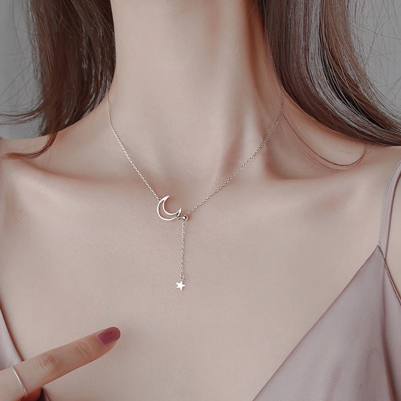 

New 925 Sterling Silver Hollow Moon Necklace Shiny Star Tassel Retractable Clavicle Chain Female Fashion Jewelry Wedding Gift