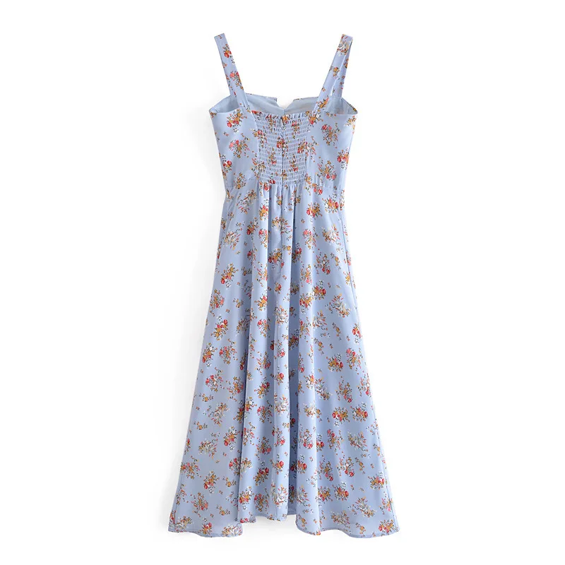 

French Retro Small Floral Summer Women's 2021 Bohemian Lace Lovely Spaghetti Strap Square Collar Bow Engagement Dress Wholesale