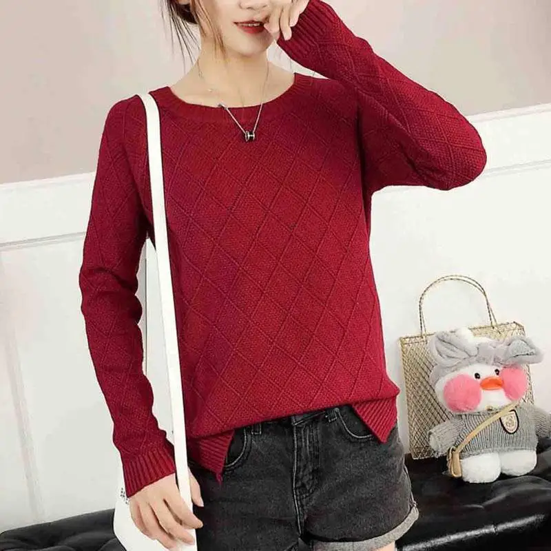 

Large size solid color sweater spring and autumn sweater female long sleeve round neck winter warm sweater