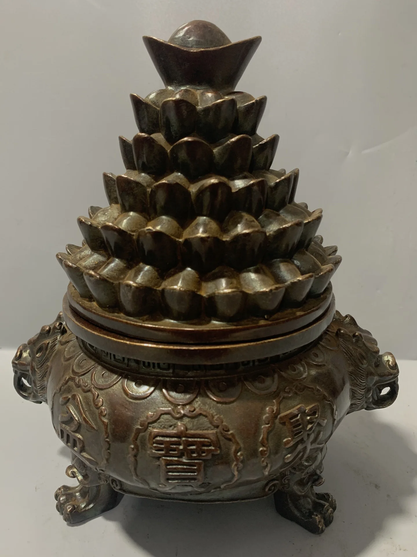 

Home Decor 8"Tibet temple Old Bronze Cinnabar Lacquer treasure bowl incense burner Ingots Lion head Three-legged incense burner