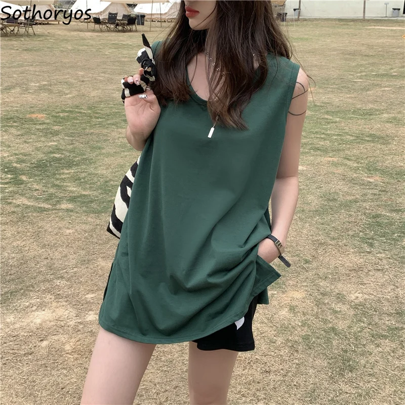

Women Tanks Solid Loose Oversize Female Fashion Simple Sleeveless Tees Beach Holiday Tops Side-slit Korean Style Ulzzang Leisure