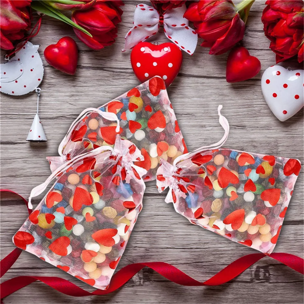 

100pcs / Bag Organza Drawstring Bags Jewelry Mesh Gift Bags Valentine's Day Love Heart Gift Container Candy Bag Package