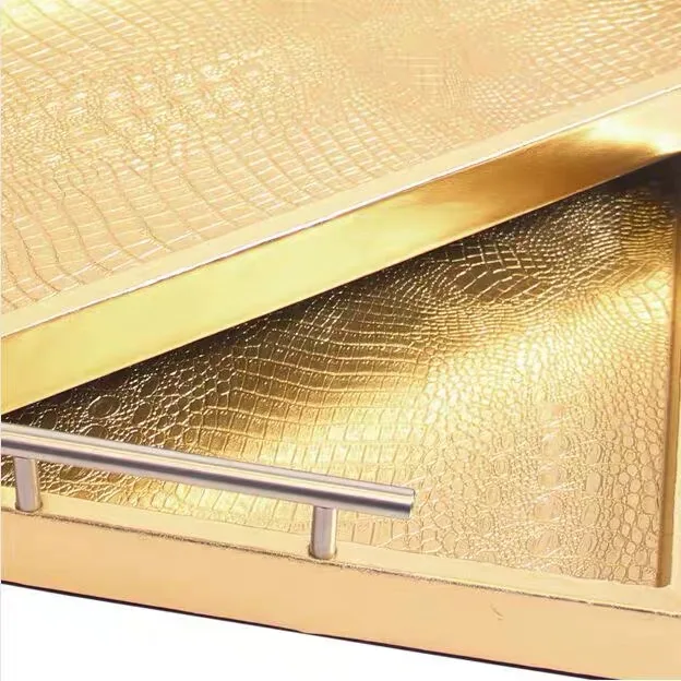 

Customized golden crocodile PU leather storage tray with handle rectangular Hotel/home sundries storage tray
