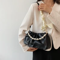 pu leather women shoulder bags pearl chain strap solid color ladies underarm bag retro design female tote pouch purse handbags