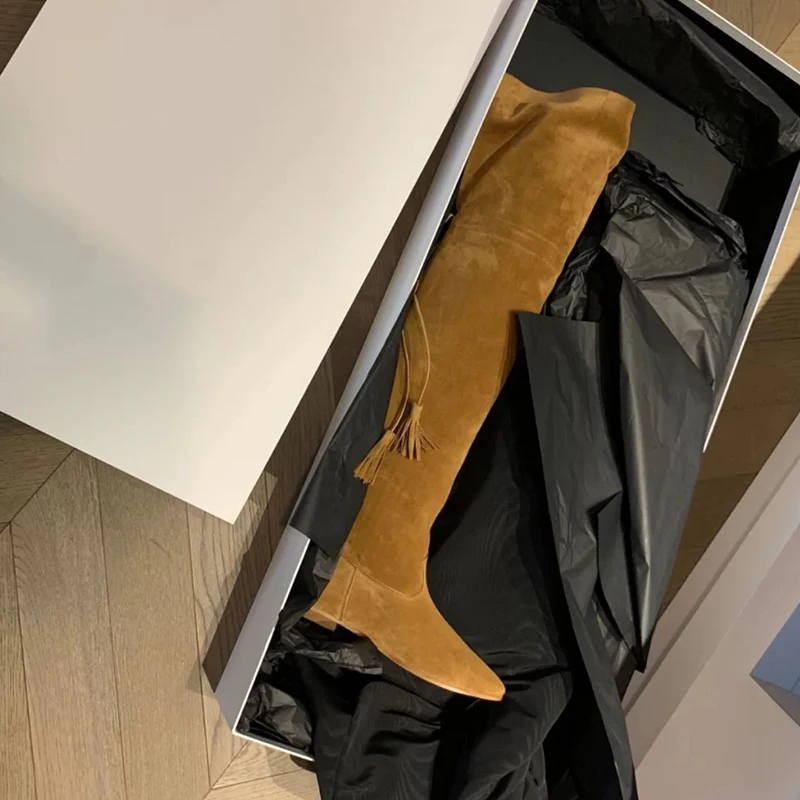 

Real Leather Over The Knee Boots Women Pointed Toe Tassel Flat Long Boots Female Fashion Knight Boots