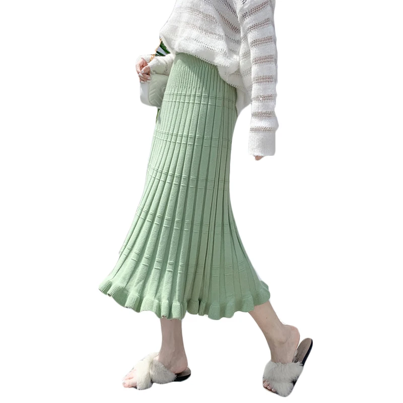 Осенние вязанные длинные юбки трапециевидной формы с эластичным поясом