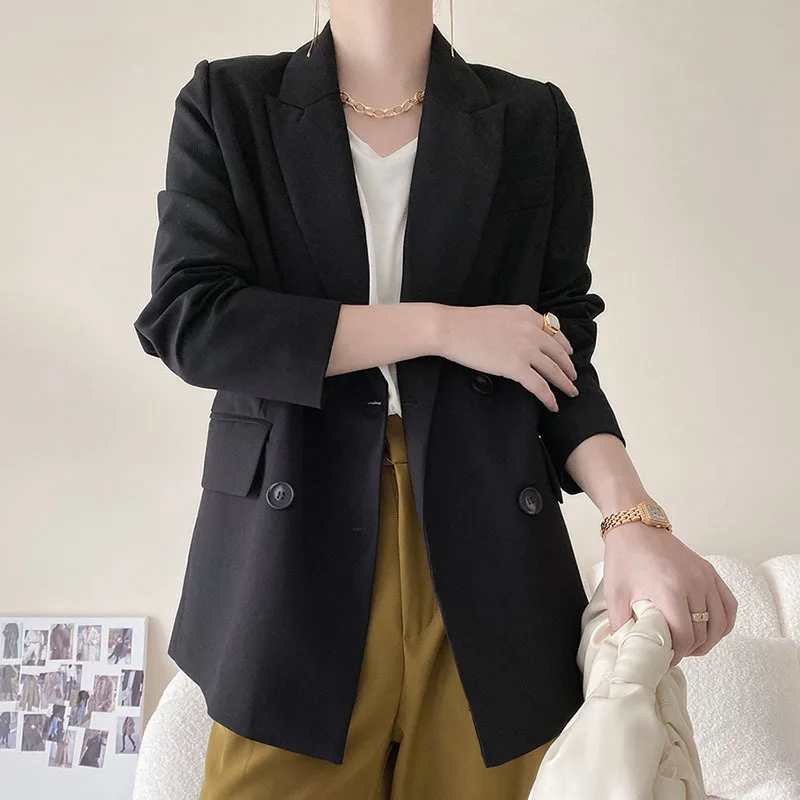 

SHENGPALAE Temperament Black Blazer Women's Autumn 2021 New Notched Loose Double Breasted Split Long Sleeve Suit Jacket 5E3307
