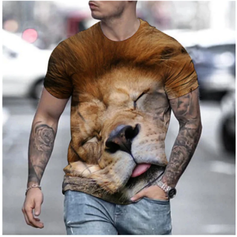 Уличная рубашка с манго круглым вырезом принтом животных Львом 3d свободная