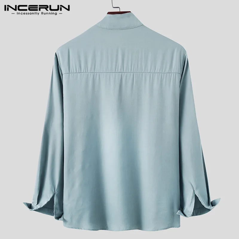 

INCERUN Men Casual Shirt Solid Color Lapel Long Sleeve Button Leisure Tops Camisas Mens Business Leisure Shirts Streetwear S-5XL