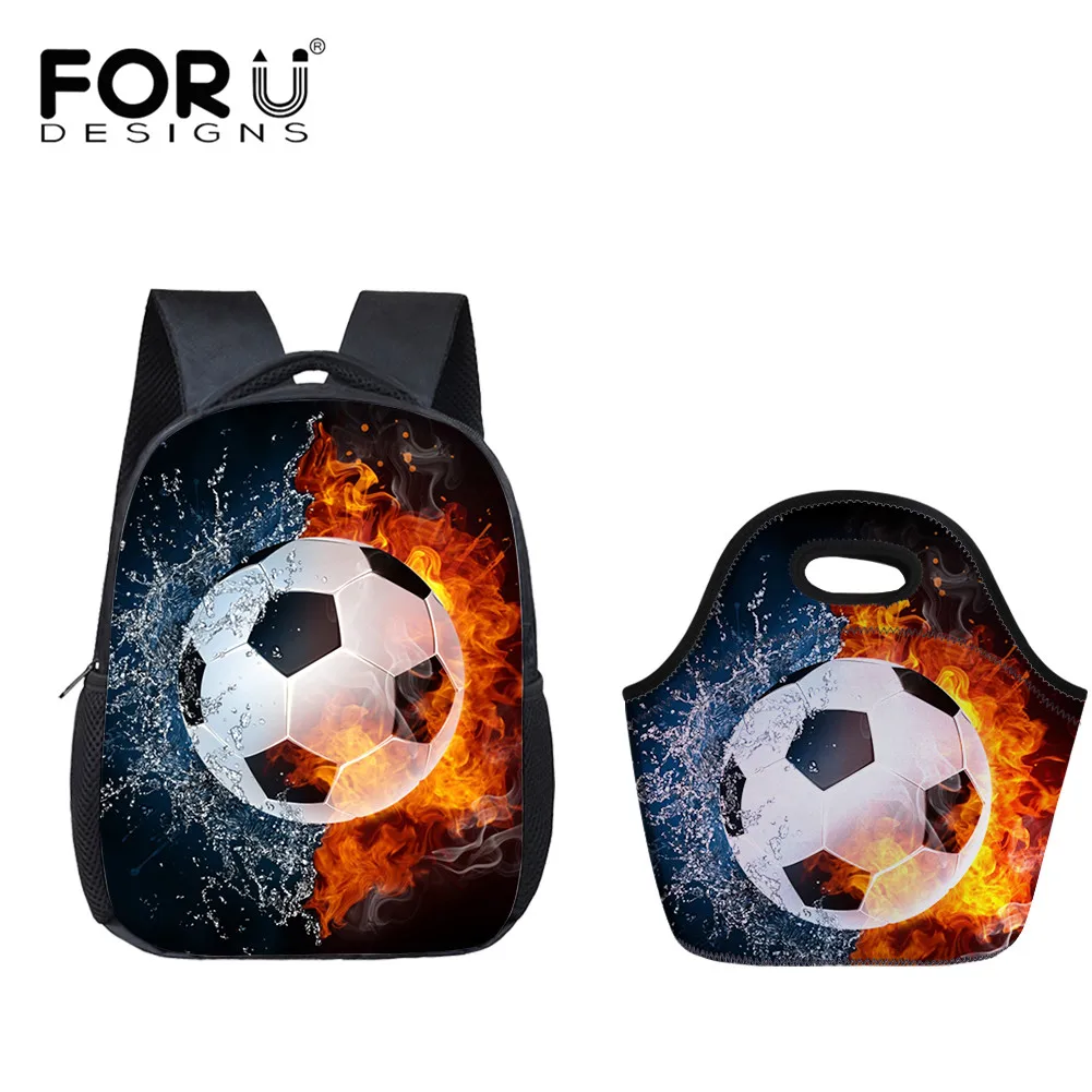 

FORUDESIGNS Primary Student School Backpack and Neoprene Lunch Food Bags 2Pcs Set Football Pattern Print Schoolbags Cartable