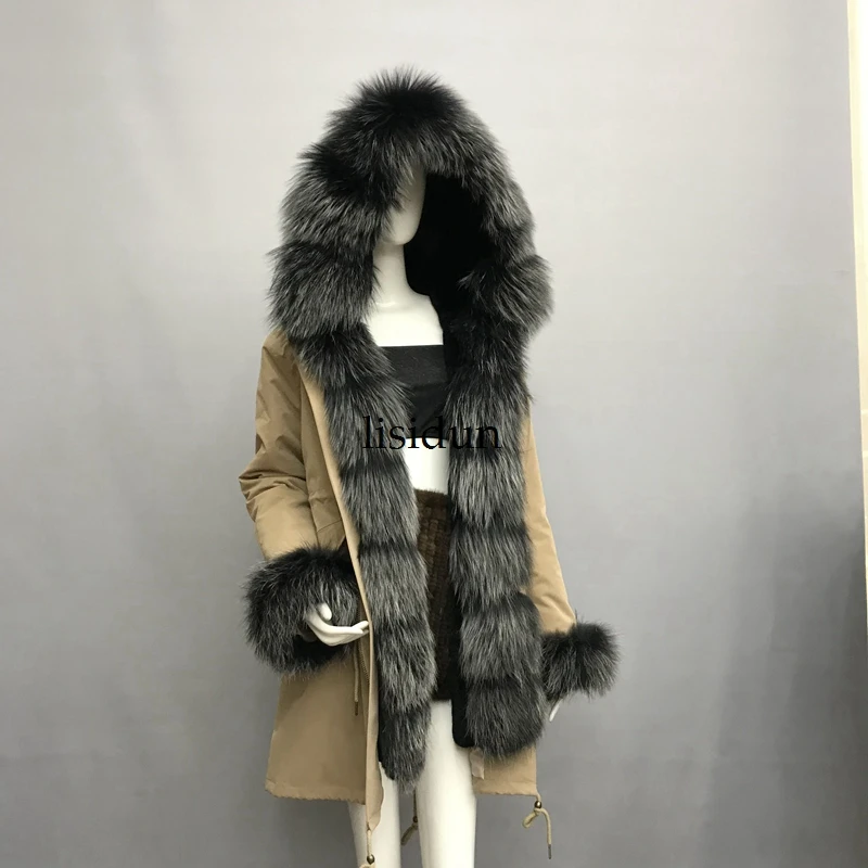 LISIDUN 2019 настоящая меховая Парка женская зимняя куртка натуральный Серебряный