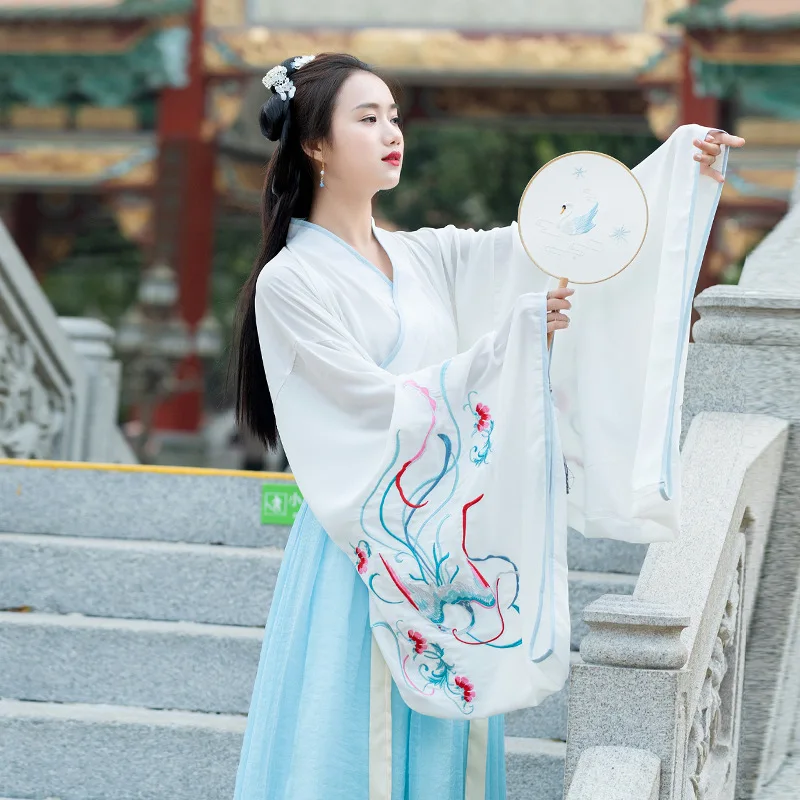 Традиционный китайский белый цветочный принт женский костюм Hanfu Dynastie Tang