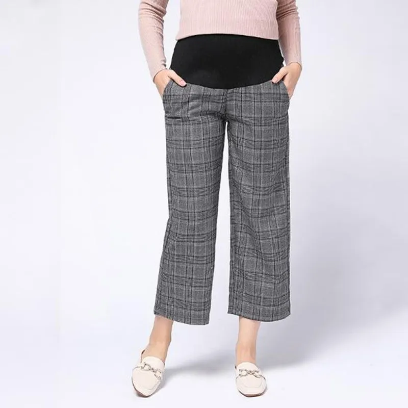 2019 autumn wide leg maternity pants nine points fashion plaid pregnancy pants Woman's adjustable waistband casual pants