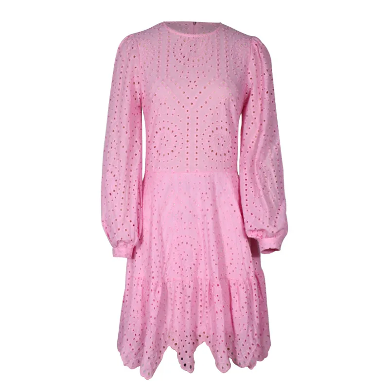 

2020 Spring and Autumn Womens Hollow Short Slim Dress NEW Ladies Lace Dress Women Fashion Elegant Round Neck Long Sleeve Dresses
