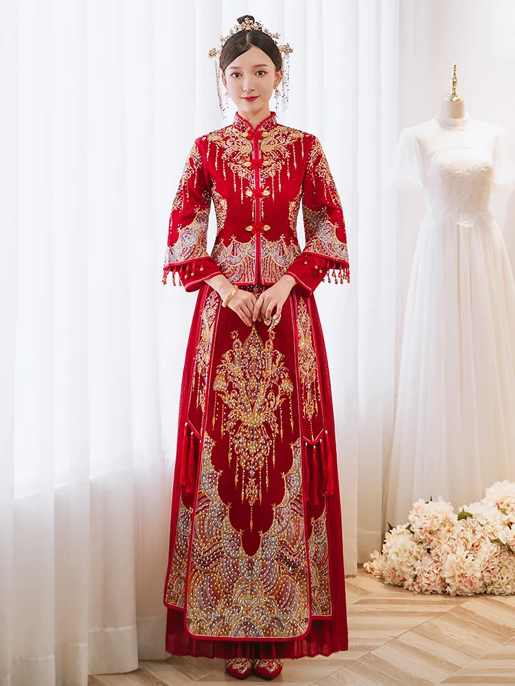 Wedding Clothing Chinese Style Vintage Embroidery Cheongsam Elegant Bride Tassel Dress китайская одежда