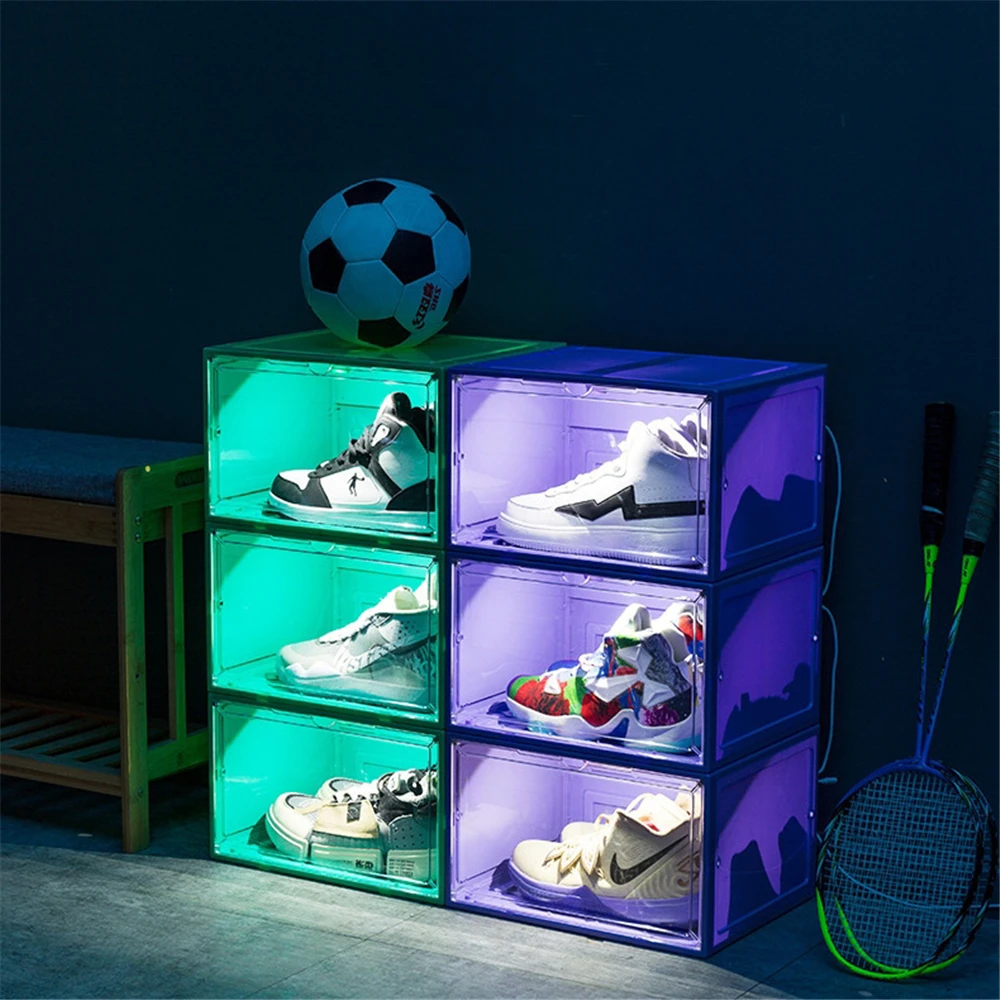 

4pcs Stackable Sound Control Shoe Storage Box With Track Light Transparent Thickened Dustproof Magnetic Sneakers Organizer